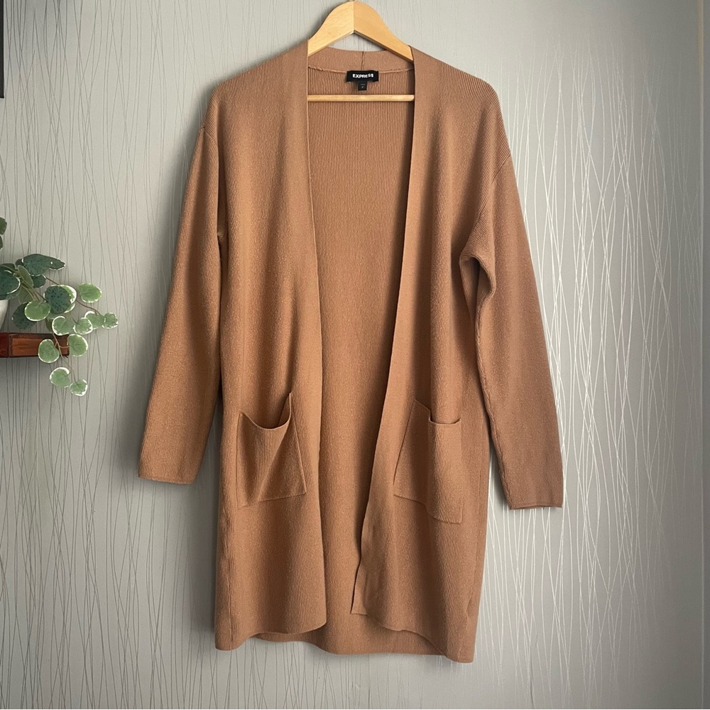 Express Cardigan Sweater Womens size Small Tan Open Front Long Tan Pockets